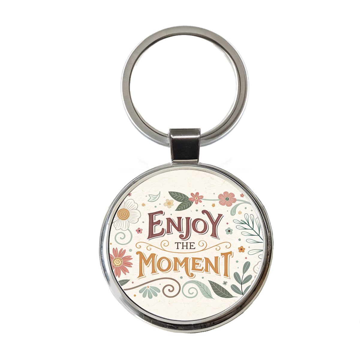 Enjoy The Moment Retro Floral Inspirational Round Metal Keychain