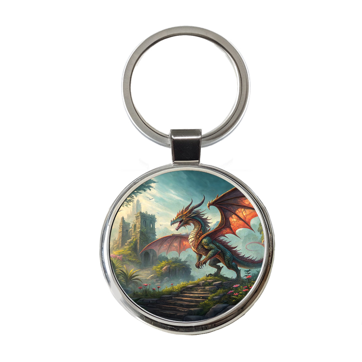 Fantasy Dragon Retro Pulp Magazine Illustration Round Metal Keychain