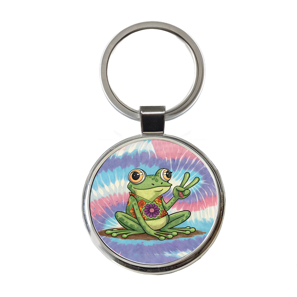 Frog Giving Peace Sign Tie-Dye Cartoon Round Metal Keychain
