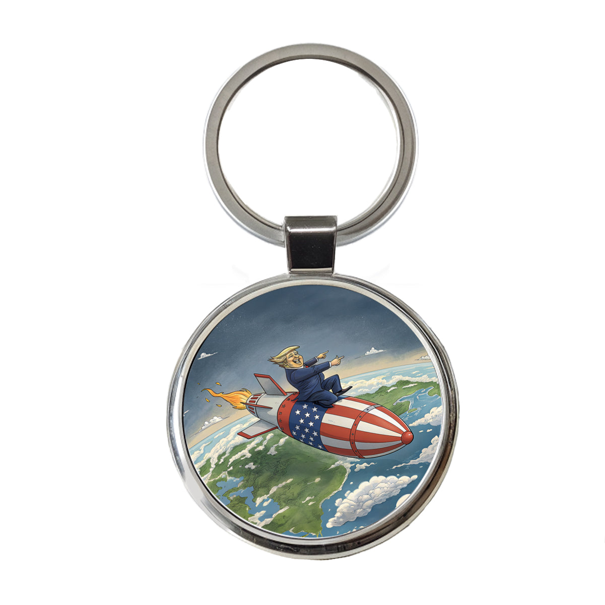 Funny Donald Trump Riding American Flag Missile Round Metal Keychain