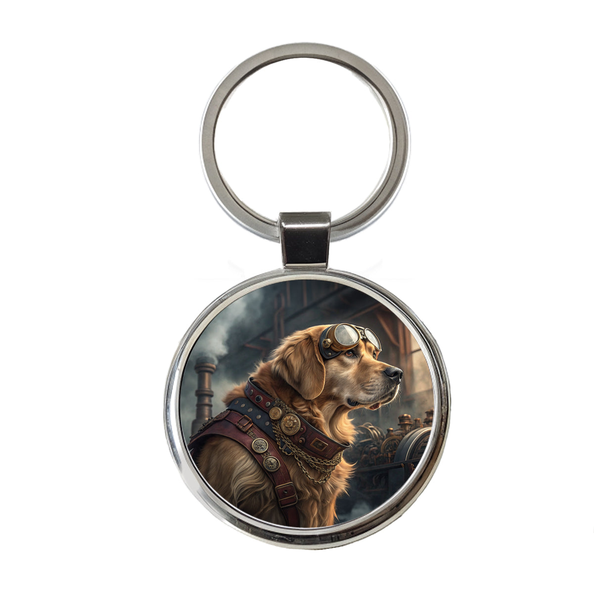Golden Retriever Dog Steampunk Round Metal Keychain