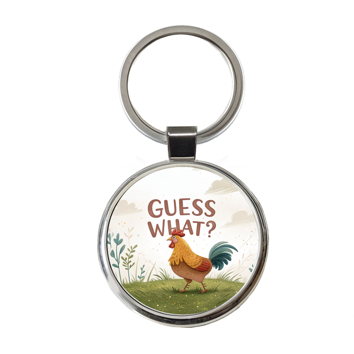 Guess What Chicken Butt Funny Cartoon Round Metal Keychain