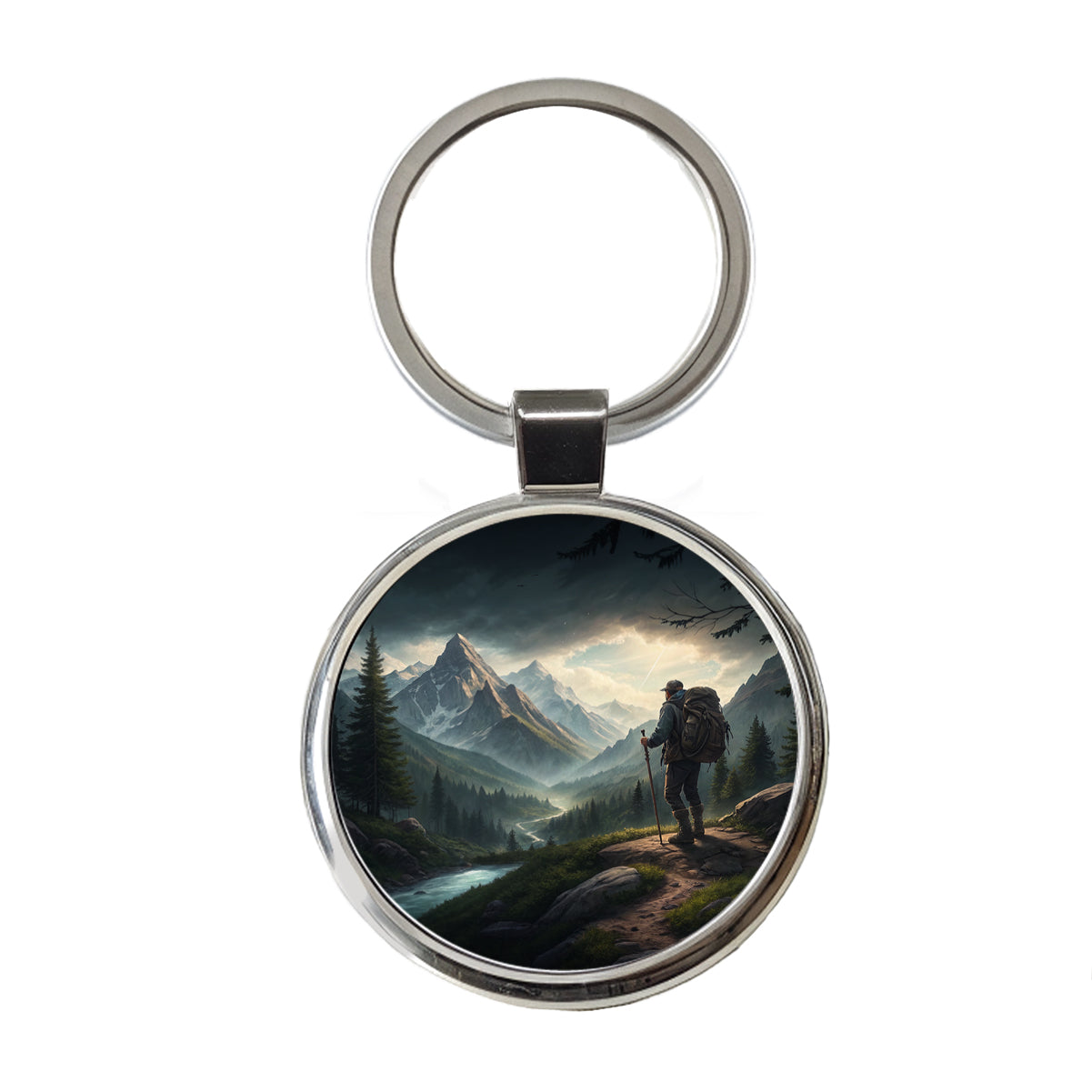 Man Hiking In The Mountains Round Metal Keychain