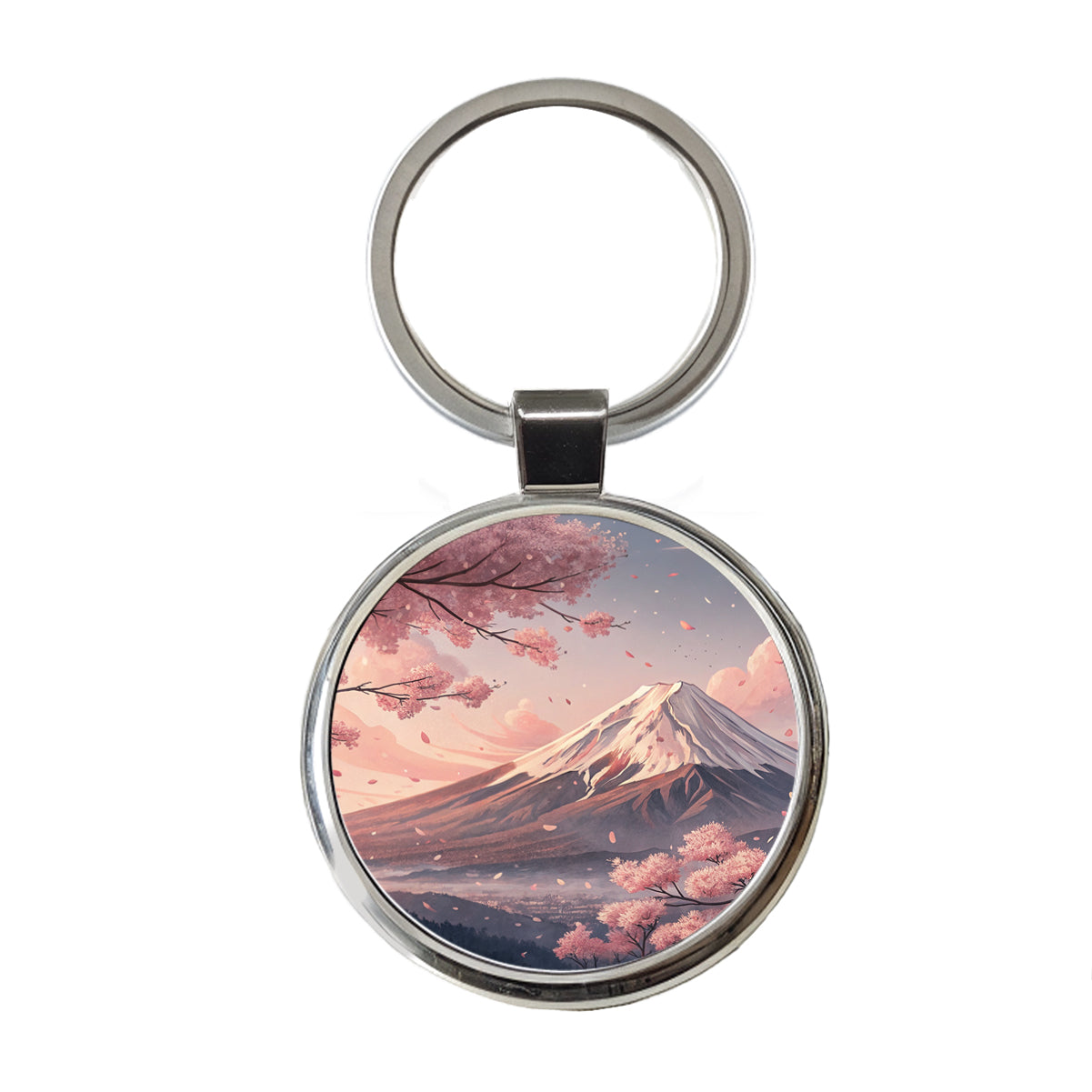 Mount Fuji Blooming Sakura Trees Japanese Illustration Round Metal Keychain