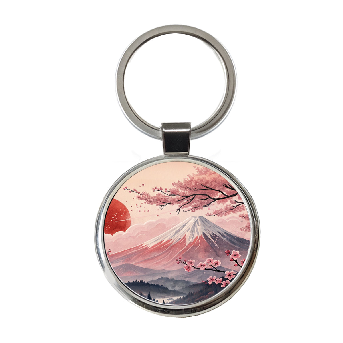 Mount Fuji With Cherry Blossoms Rising Sun Japanese Illustration Round Metal Keychain
