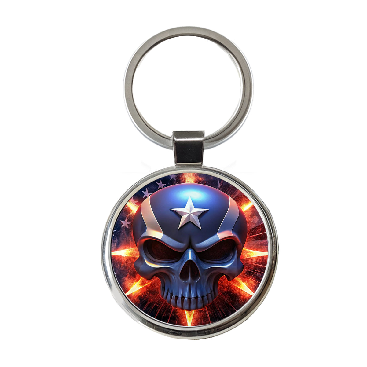 Patriotic Skull And American Flag Round Metal Keychain