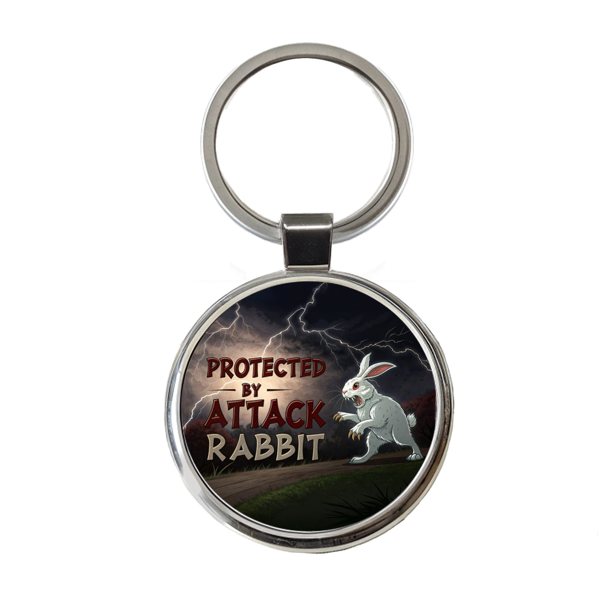 Protected By Attack Rabbit Vicious White Funny Bunny Round Metal Keychain