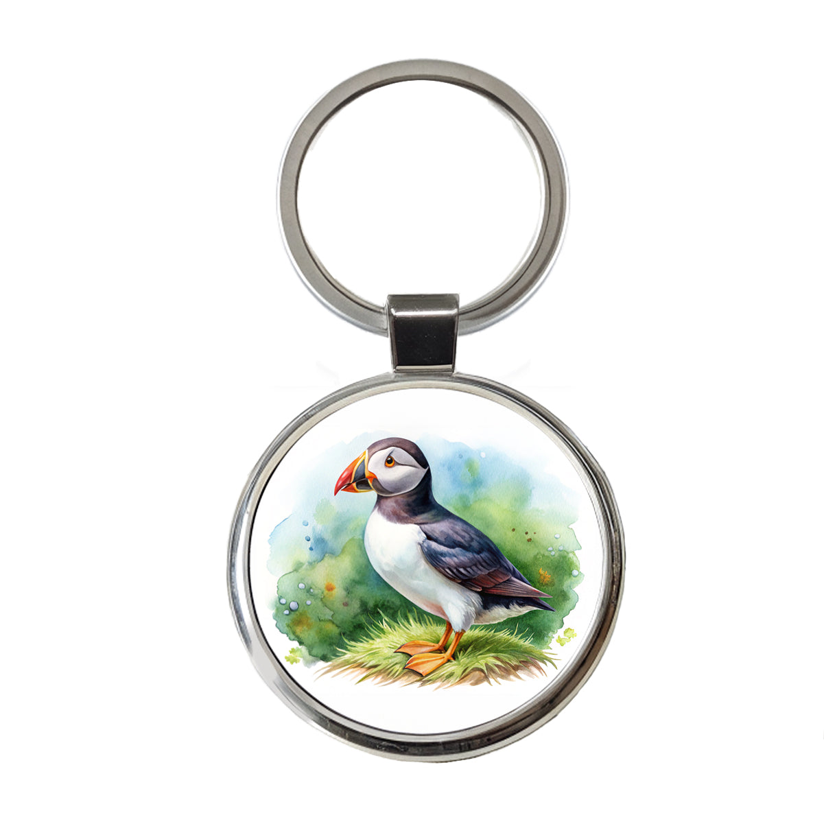 Puffin Bird Watercolor Round Metal Keychain