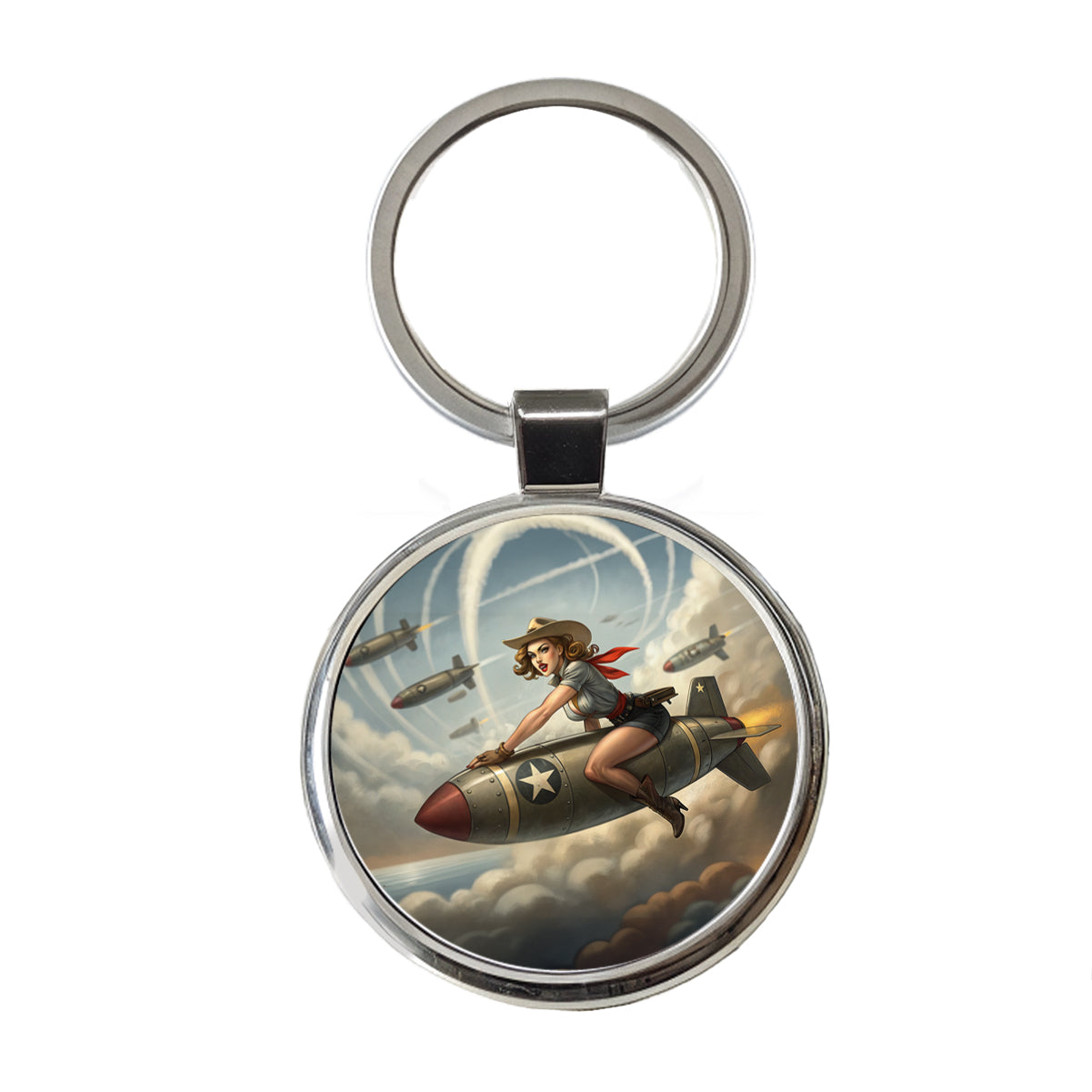 Rockabilly Patriotic Pin-Up Cowgirl Riding Bomb Funny Round Metal Keychain