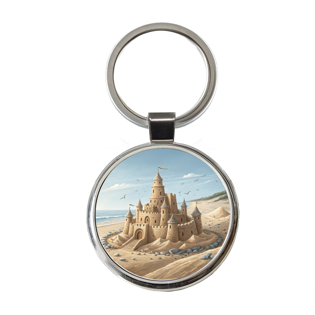 Sandcastle On Beach Round Metal Keychain