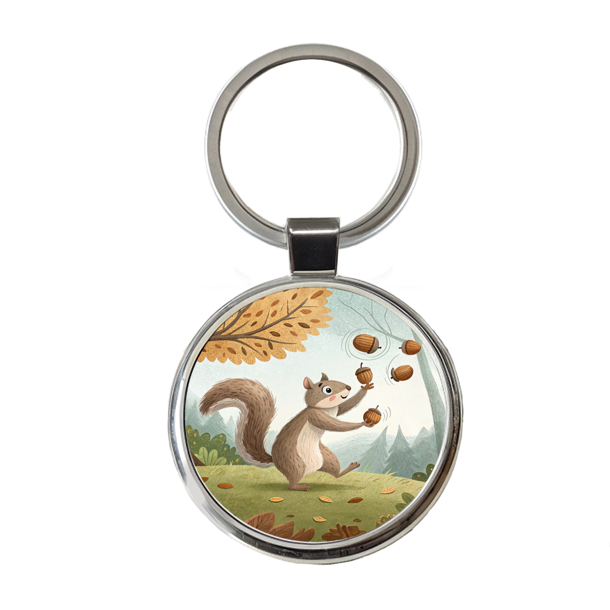 Squirrel Juggling His Acorns Nuts Round Metal Keychain