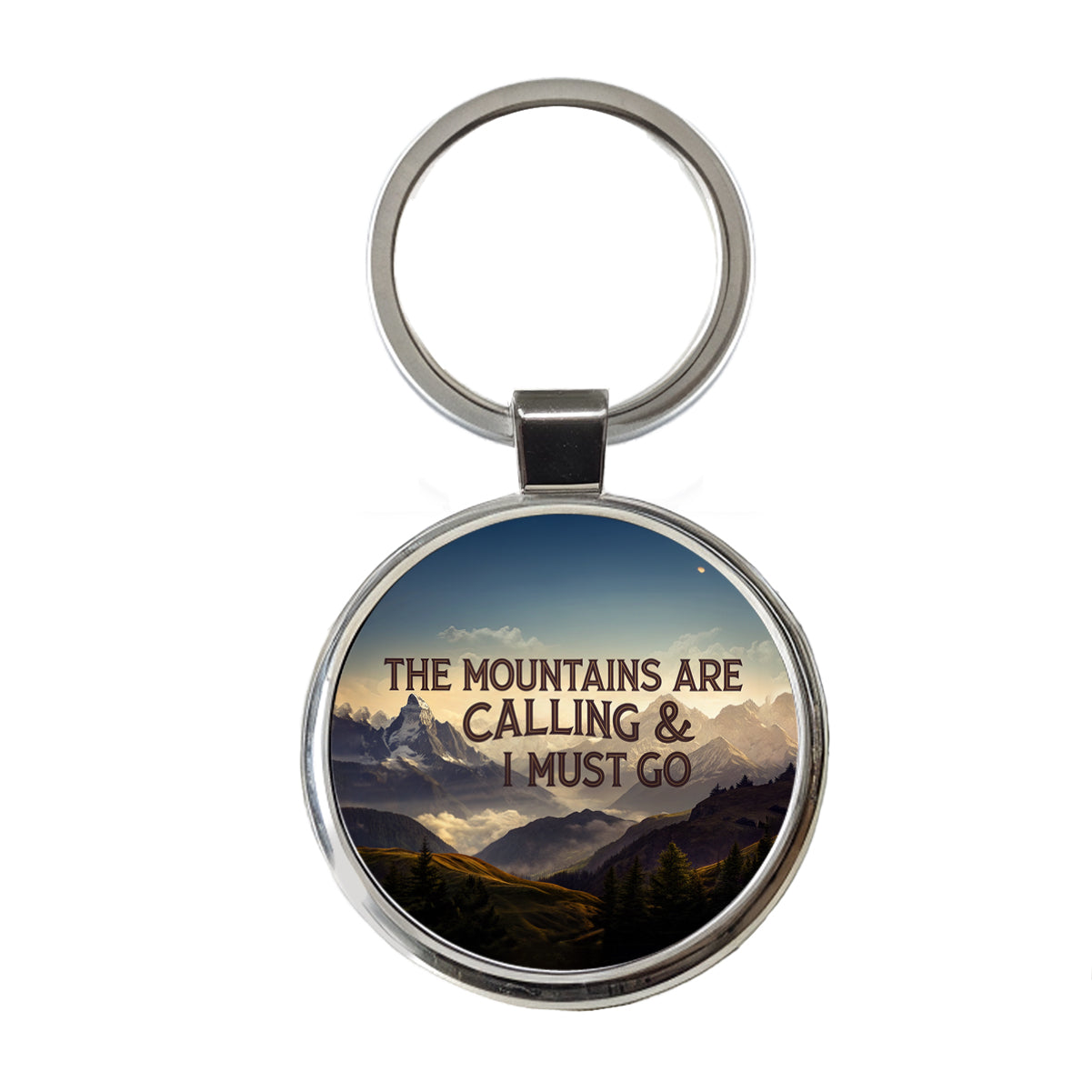 The Mountains Are Calling And I Must Go Hiking Camping Round Metal Keychain