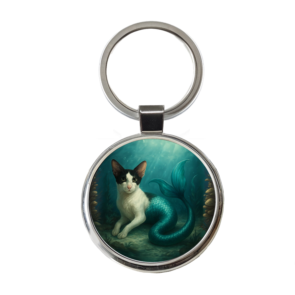 Vintage Oriental Shorthair Cat Mermaid Fantasy Painting Round Metal Keychain