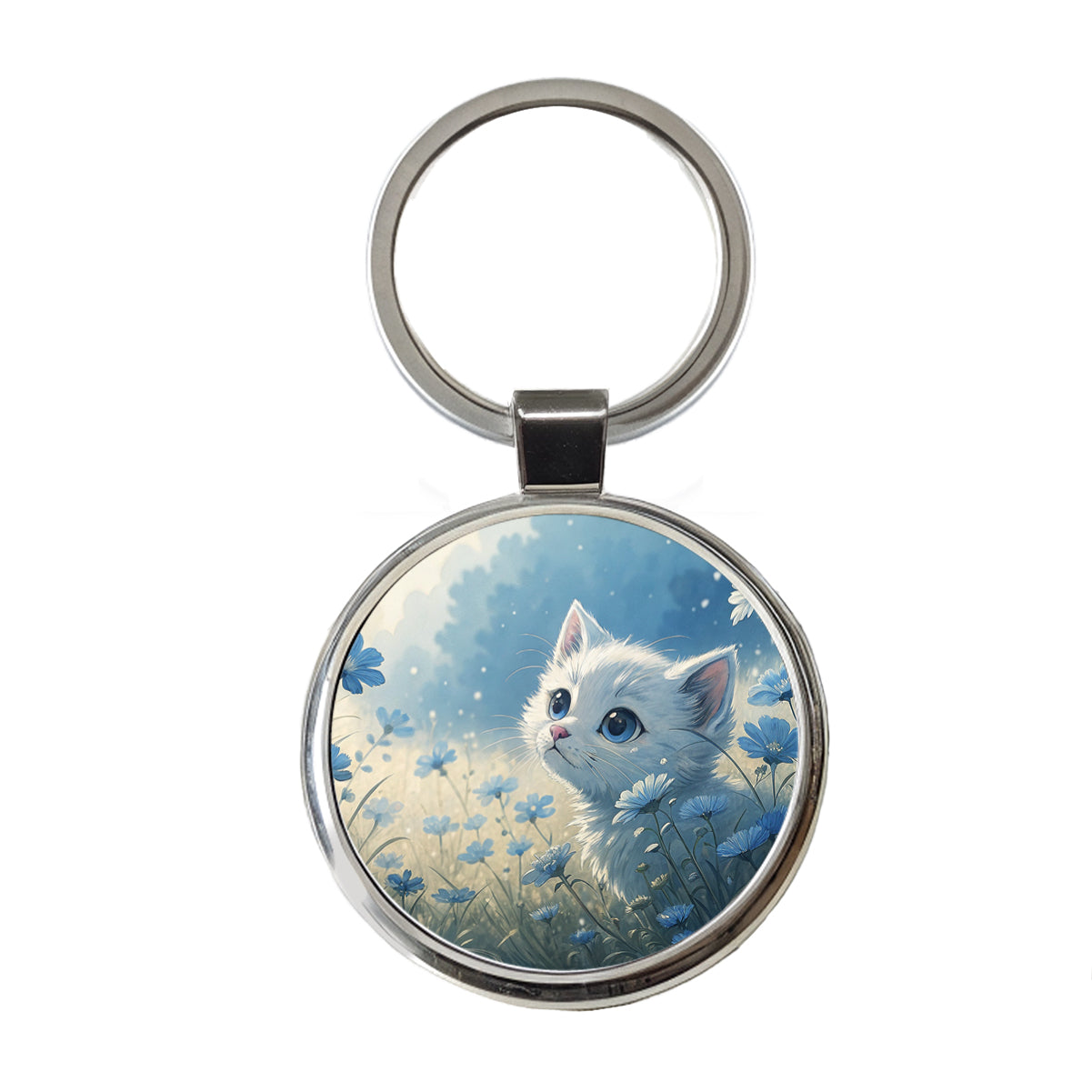 White Kitten in Field Of Blue Flowers Anime Style Round Metal Keychain