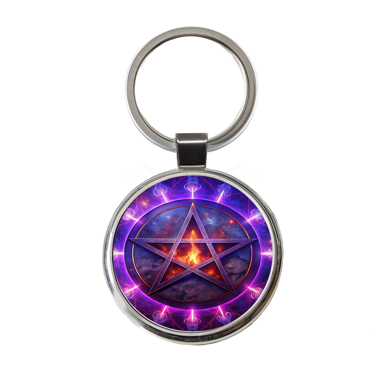 Wiccan Purple Pentagram Evil Summoning Circle Round Metal Keychain