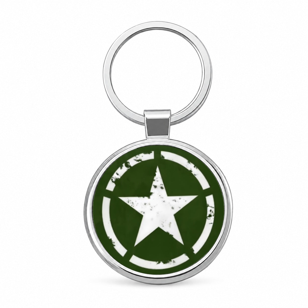 Rustic White Army Star On Olive Green Round Metal Keychain