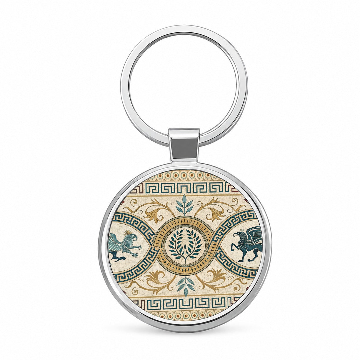 Ancient Greek Pattern Griffins Round Metal Keychain
