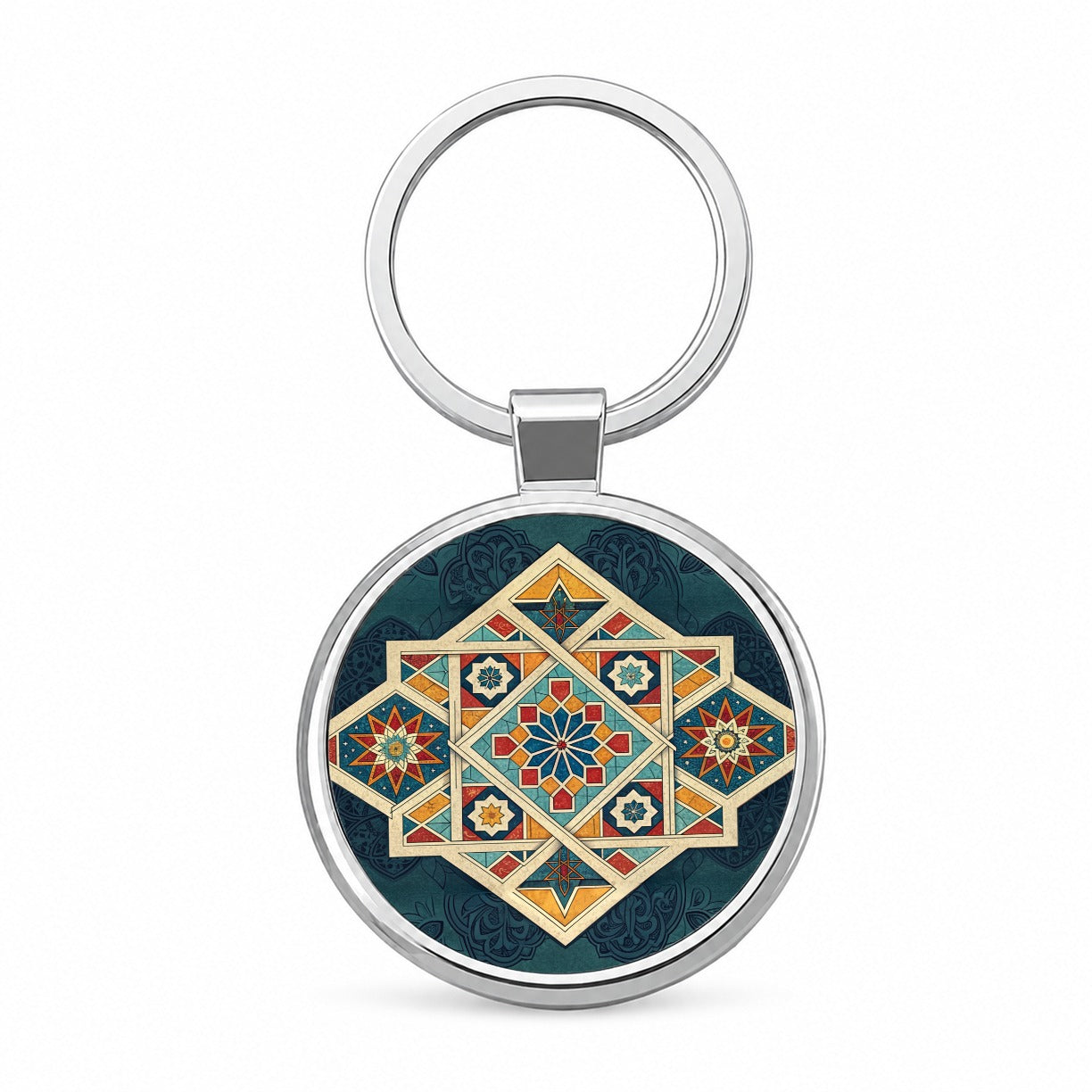 Geometric Retro Vintage Pattern Round Metal Keychain