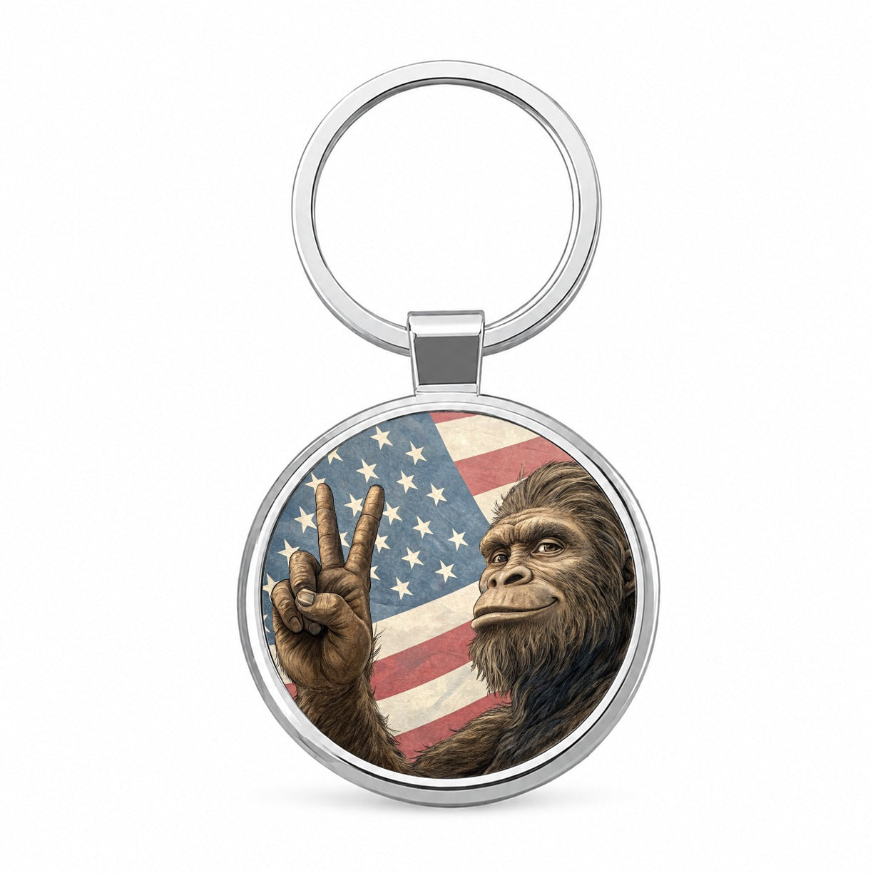Patriotic Bigfoot Giving The Peace Sign Round Metal Keychain
