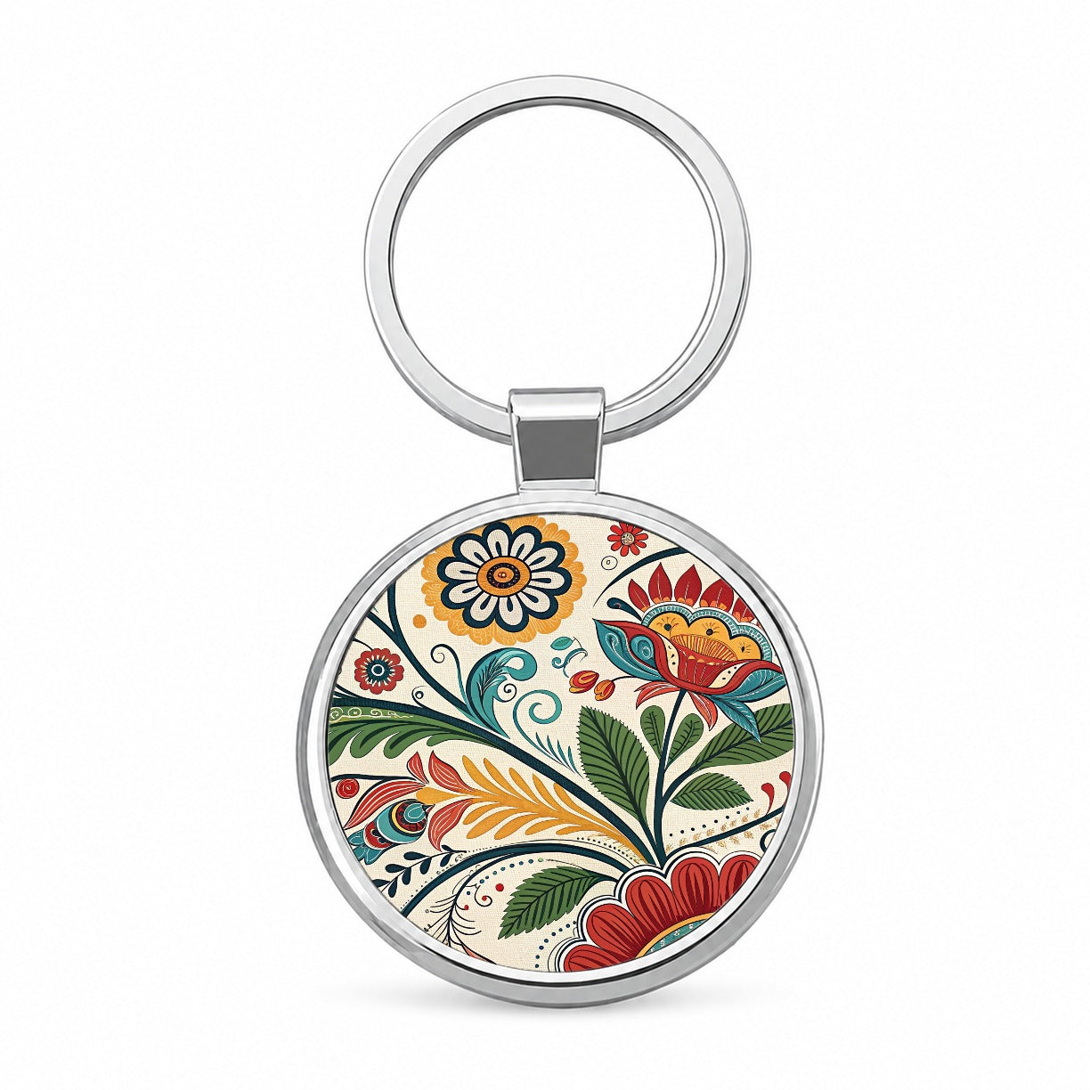 Traditional Folk Art Flowers Leaves Pattern Round Metal Keychain