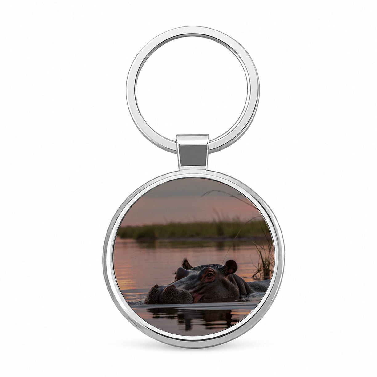 African Hippopotamus Sunset Safari Round Metal Keychain