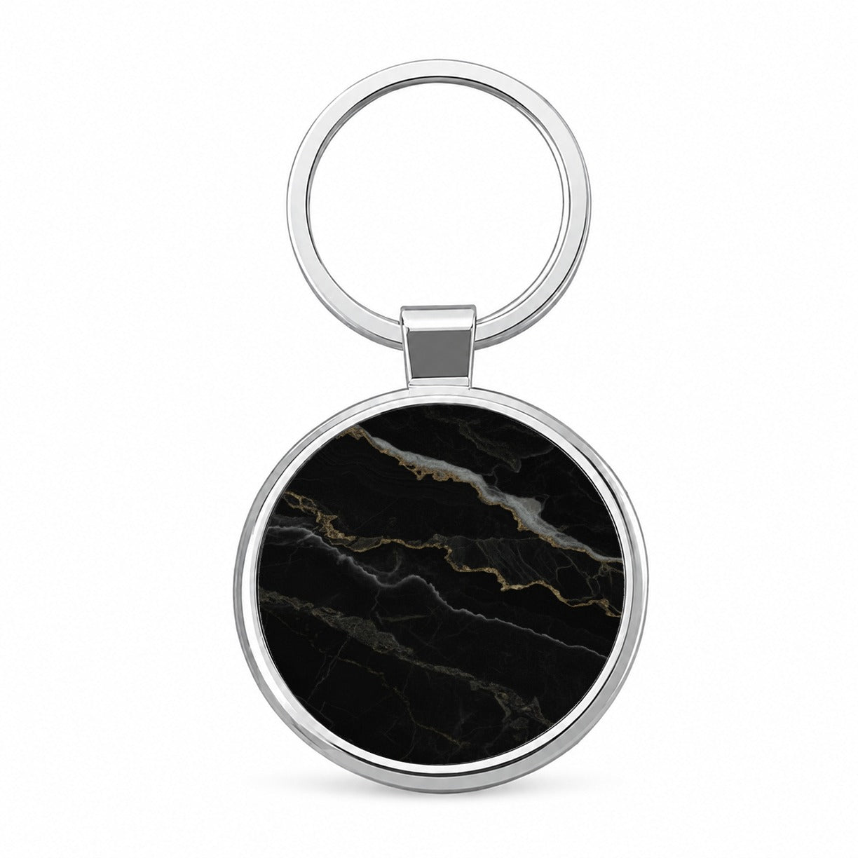 Black Marble Round Metal Keychain