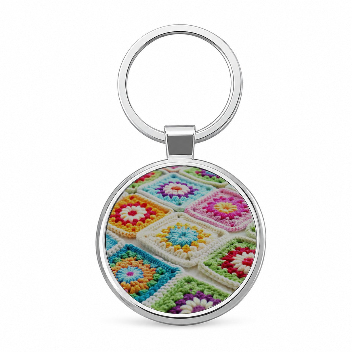 Colorful Crochet Granny Squares Round Metal Keychain