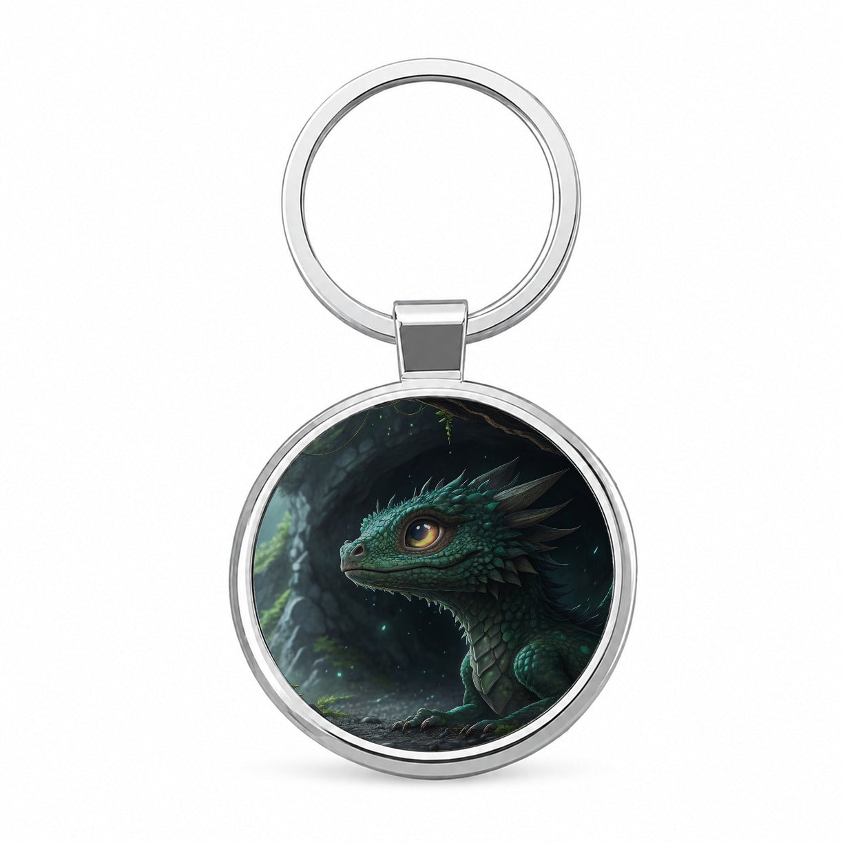 Fantasy Dragon Cave Scene Round Metal Keychain