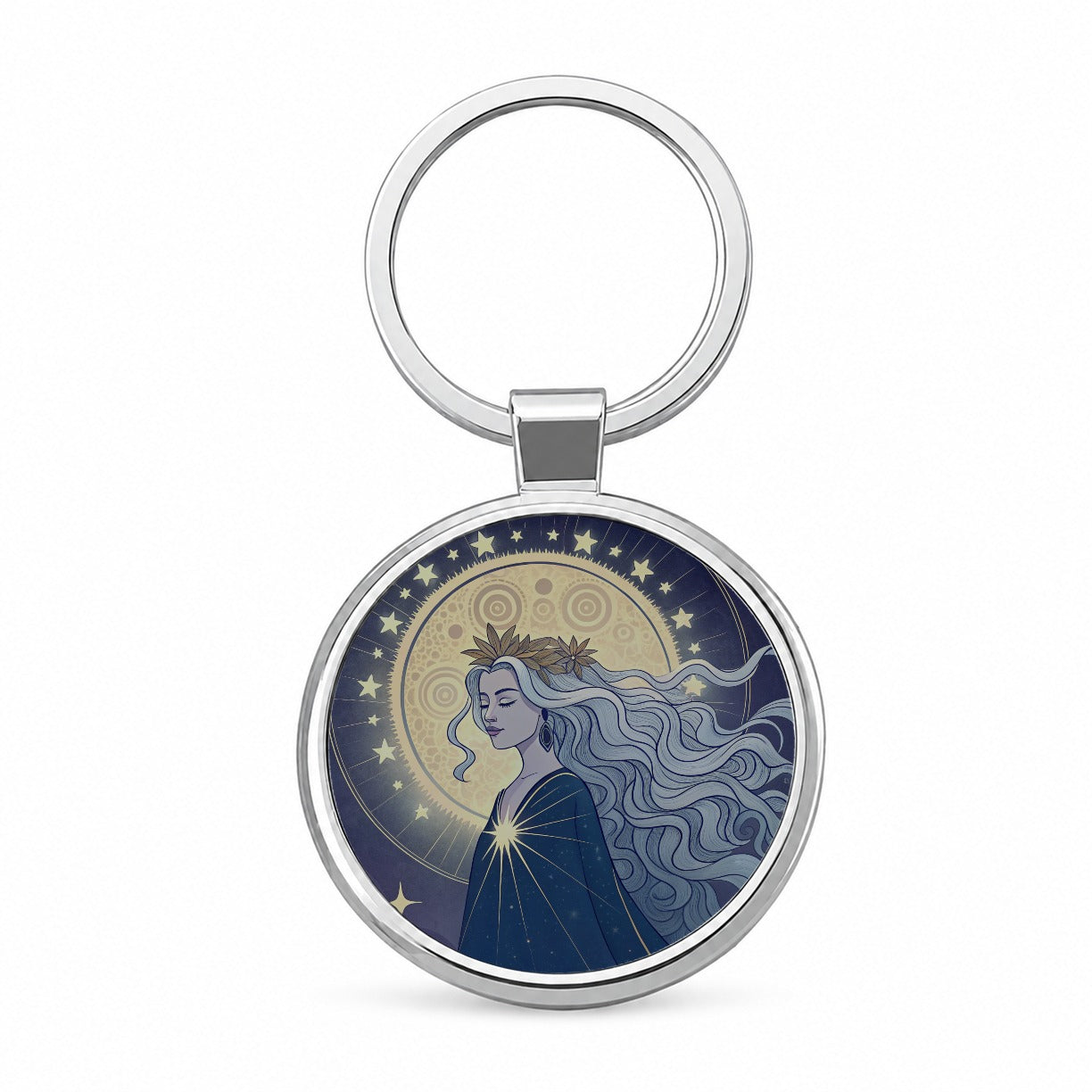 Moon Goddess Cosmic Tarot Round Metal Keychain