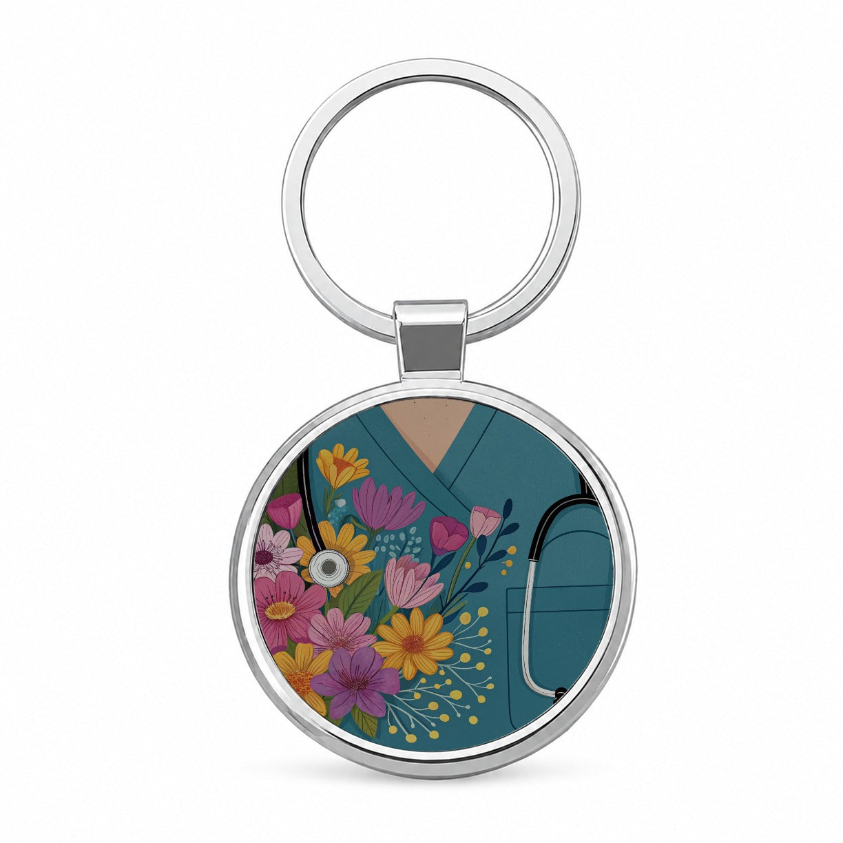 RN LVN Nurse Flowers Round Metal Keychain