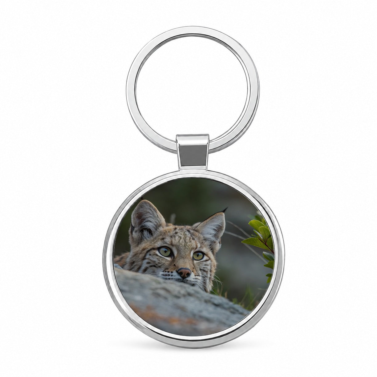 Watchful Bobcat Wildlife Nature Round Metal Keychain