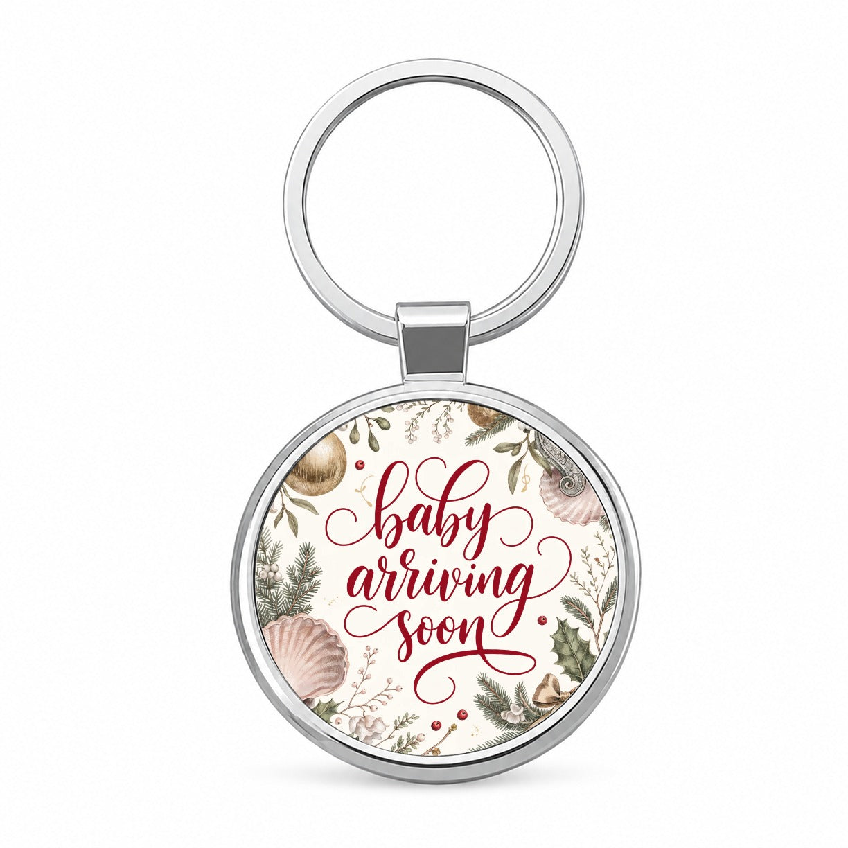 Baby Arriving Soon Christmas Round Metal Keychain