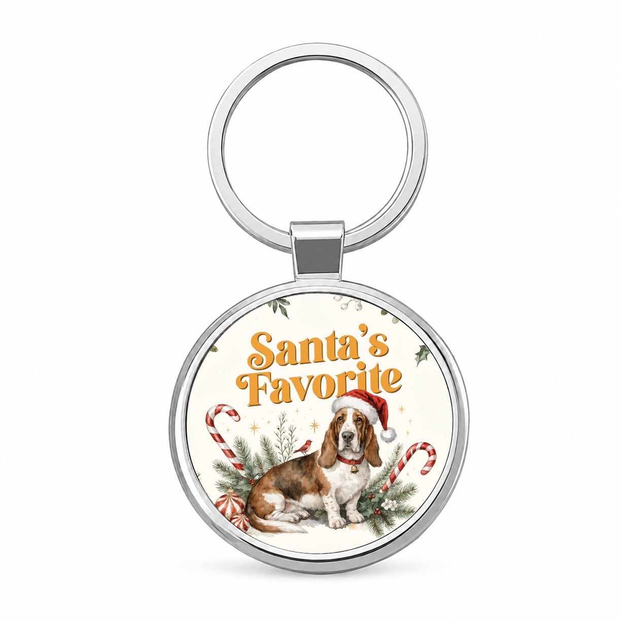 Basset Hound Dog Christmas Santa's Favorite Round Metal Keychain