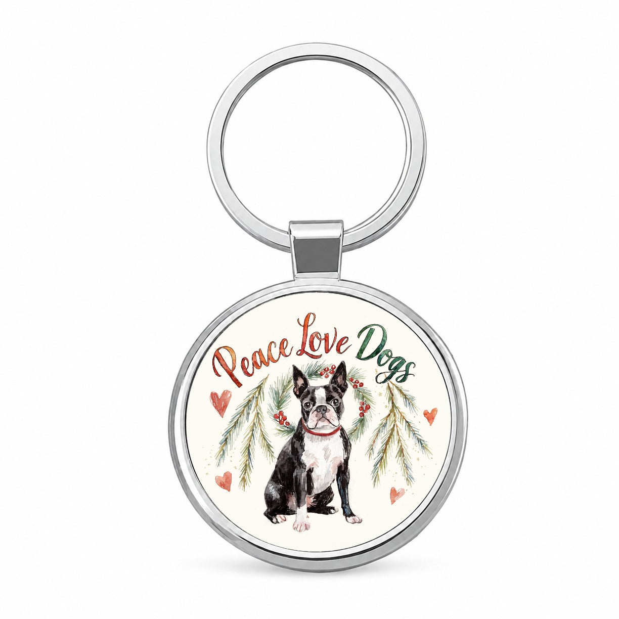 Boston Terrier Peace Love Dogs Christmas Round Metal Keychain