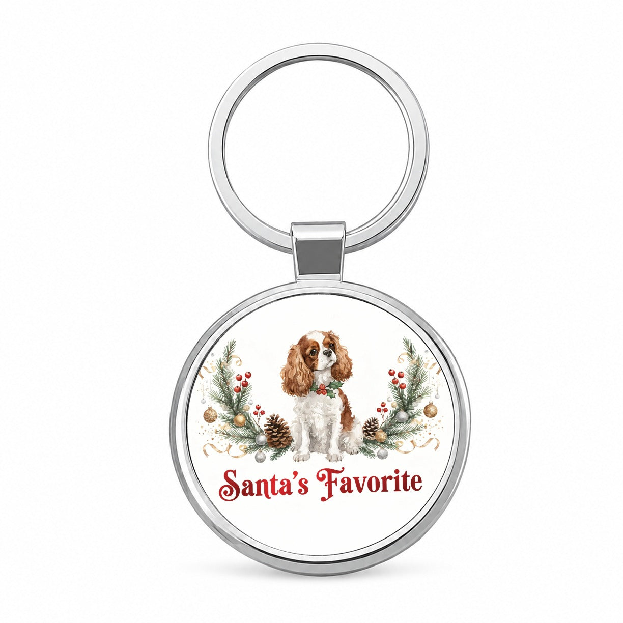 Cavalier King Charles Spaniel Dog Christmas Santa's Favorite Round Metal Keychain