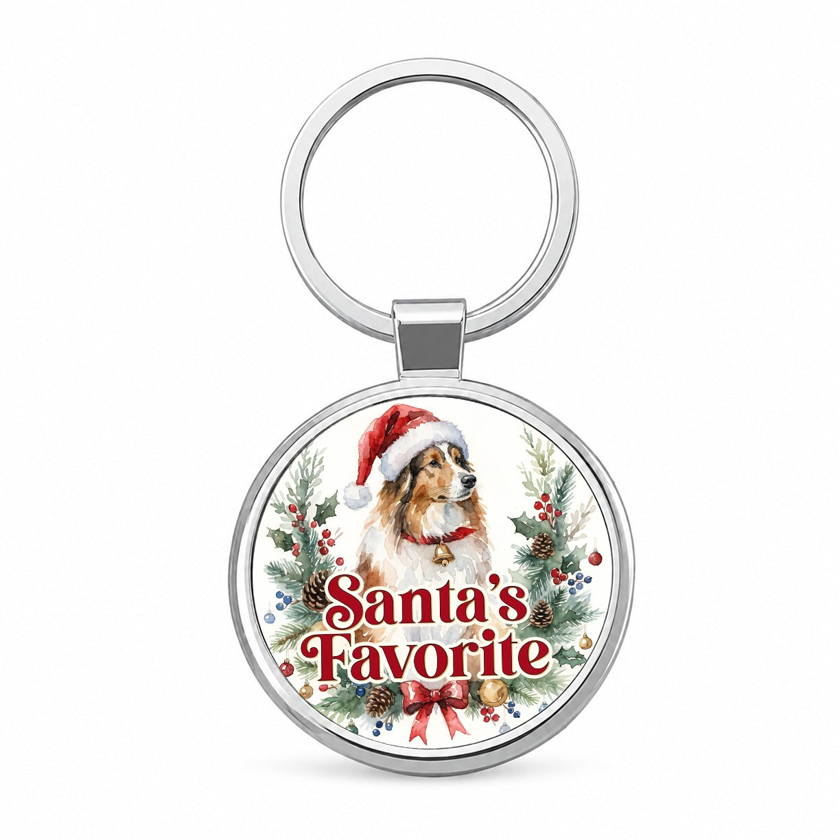 Collie Dog Christmas Santa's Favorite Round Metal Keychain