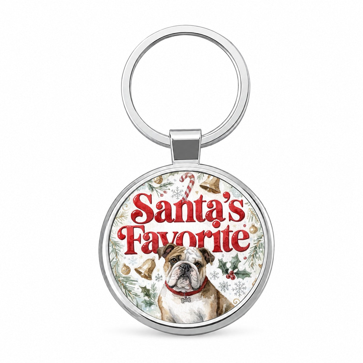 English Bulldog Christmas Santa's Favorite Round Metal Keychain