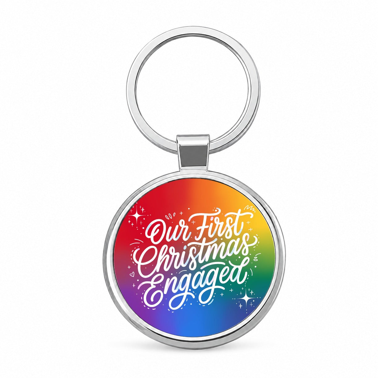 First Christmas Engaged Pride LGBTQ Rainbow Round Metal Keychain