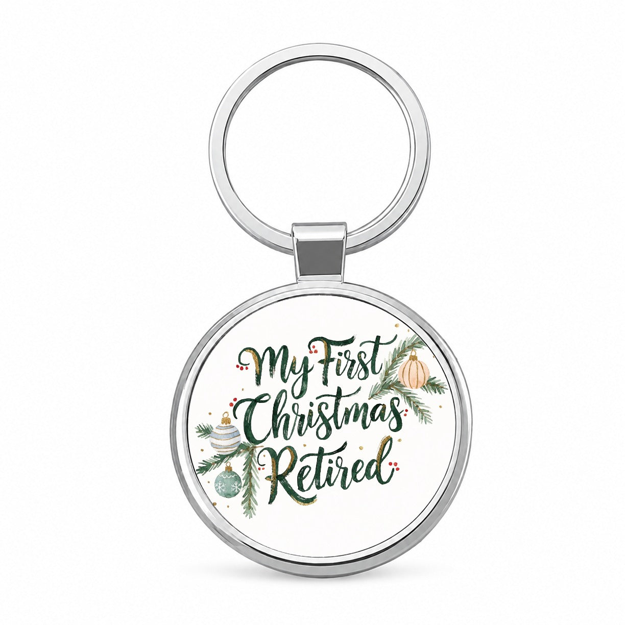 First Christmas Retired Script Round Metal Keychain