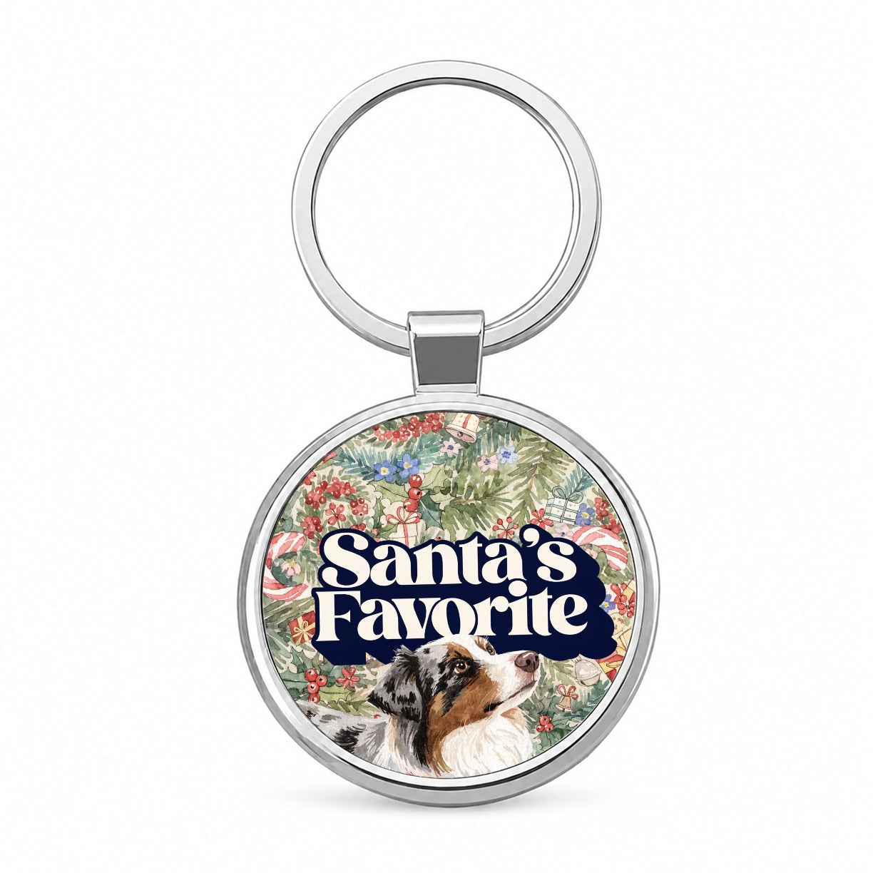 Miniature Australian Shepherd Mini Aussie Dog Christmas Santa's Favorite Round Metal Keychain