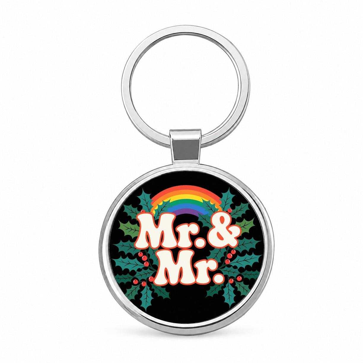 Mr and Mr Pride Gay Rainbow Christmas Bold Round Metal Keychain