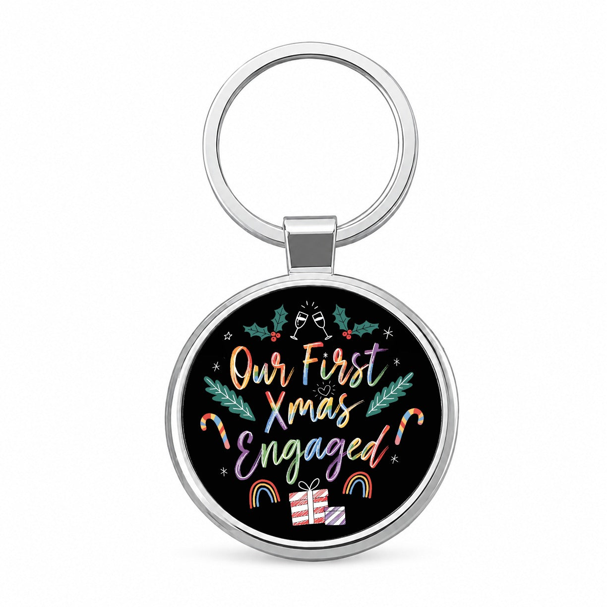 Our First Christmas Xmas Engaged LGBTQ Pride Cute Round Metal Keychain