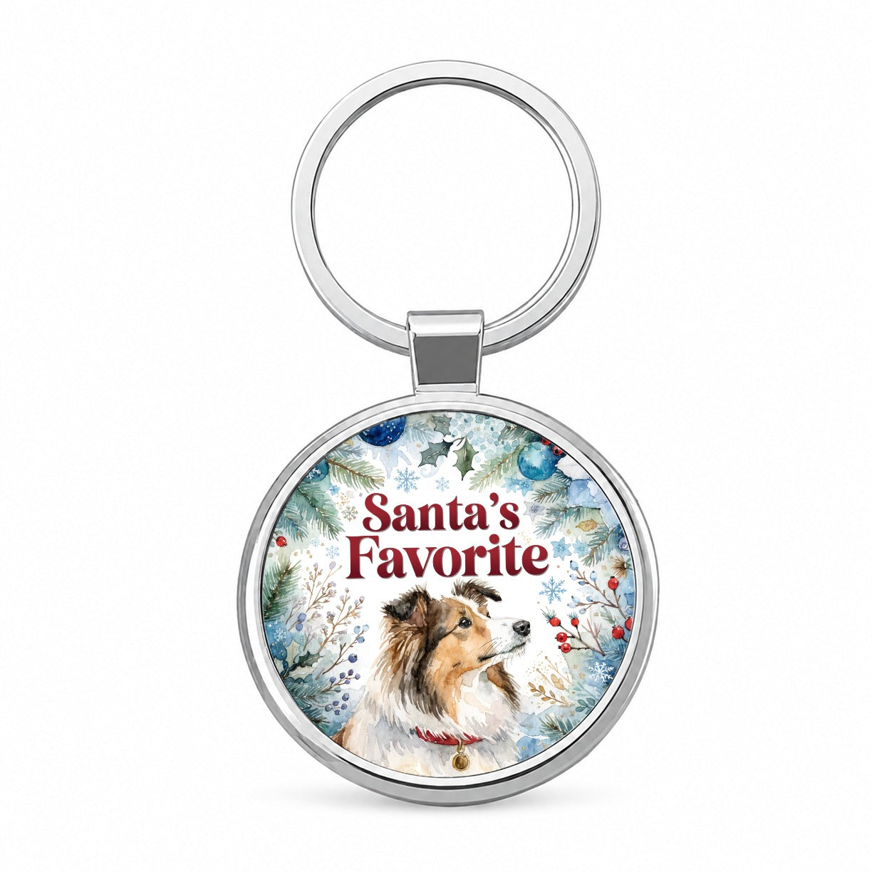 Shetland Sheepdog Christmas Santa's Favorite Round Metal Keychain