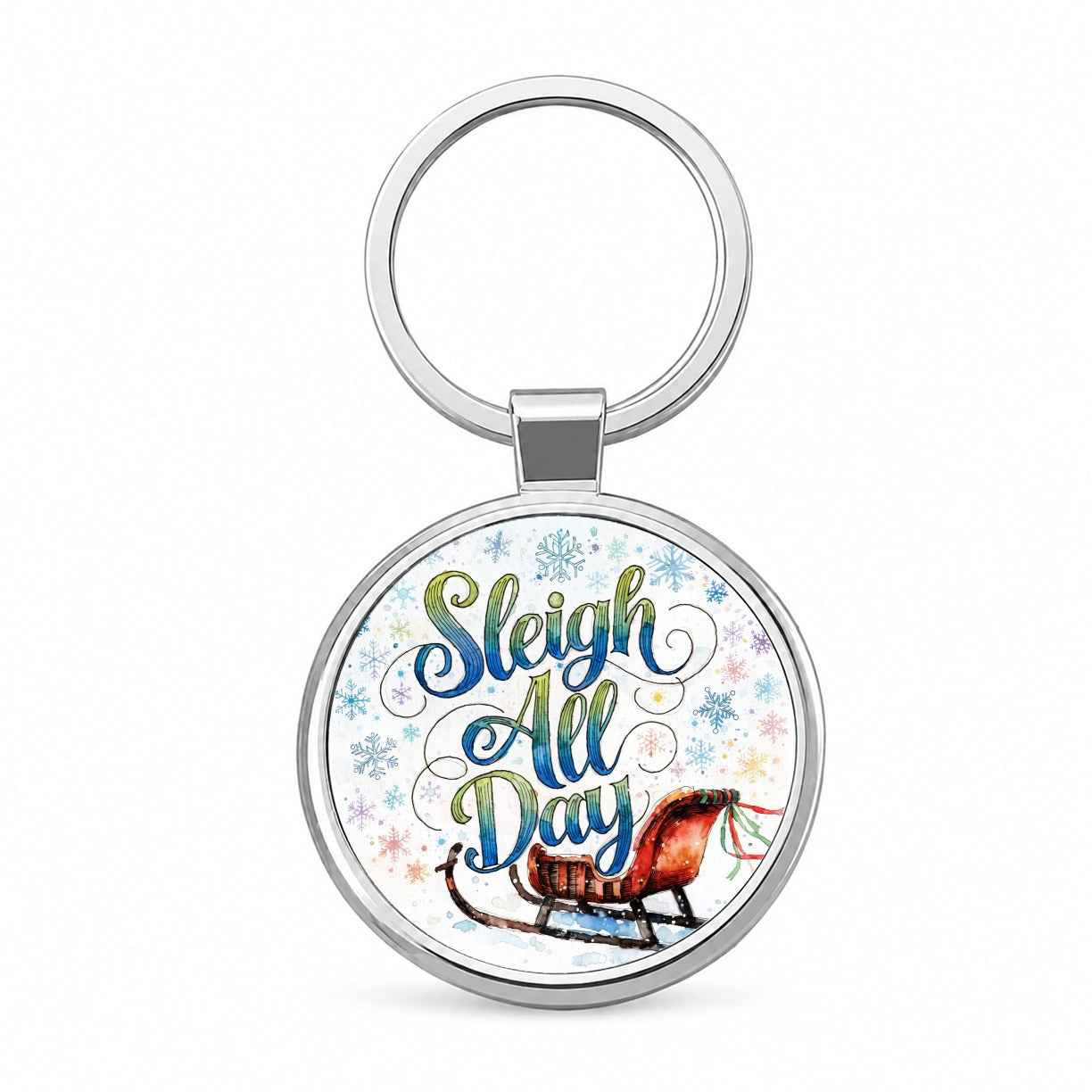 Sleigh Slay All Day Christmas Funny Snowflakes Round Metal Keychain