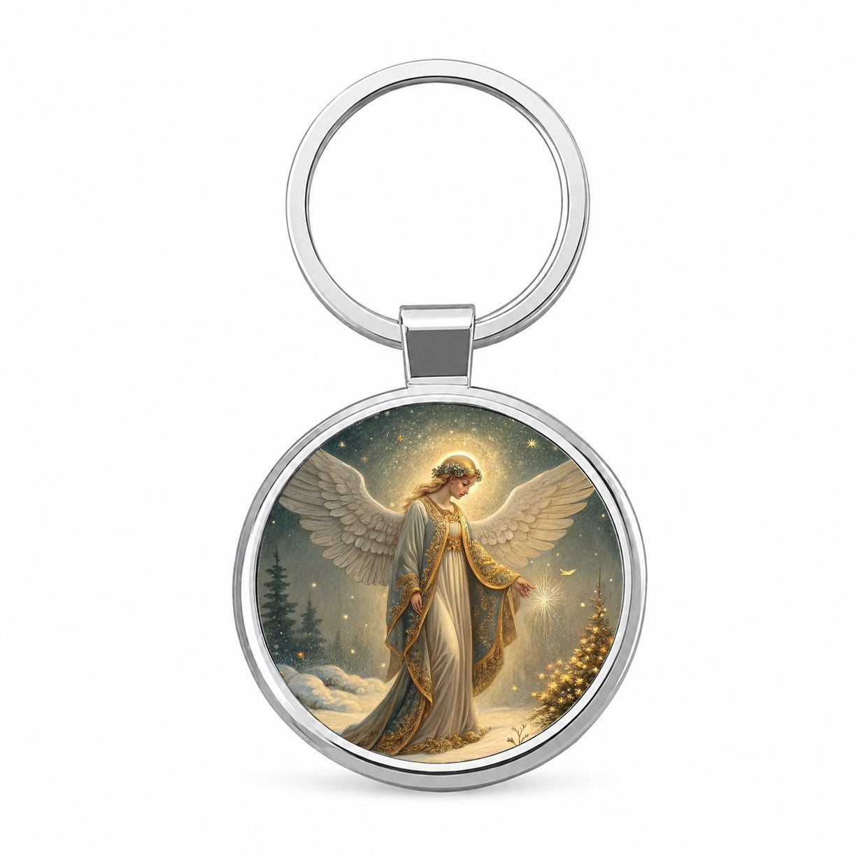 Vintage Victorian Christmas Angel Round Metal Keychain