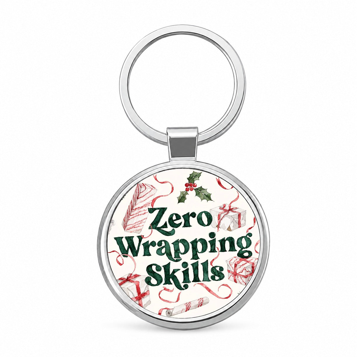 Zero Wrapping Skills Christmas Funny Red Green Round Metal Keychain