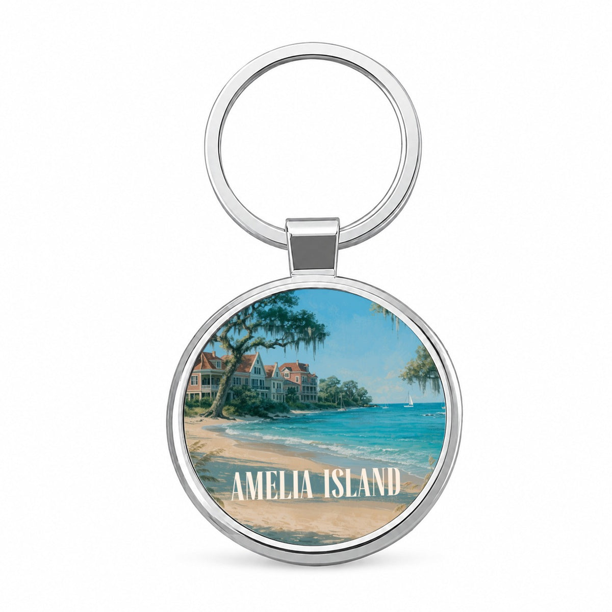 Amelia Island Florida Travel Round Metal Keychain