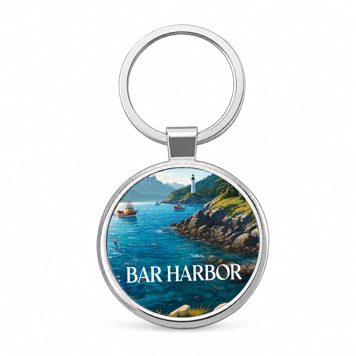 Bar Harbor Maine Travel Round Metal Keychain
