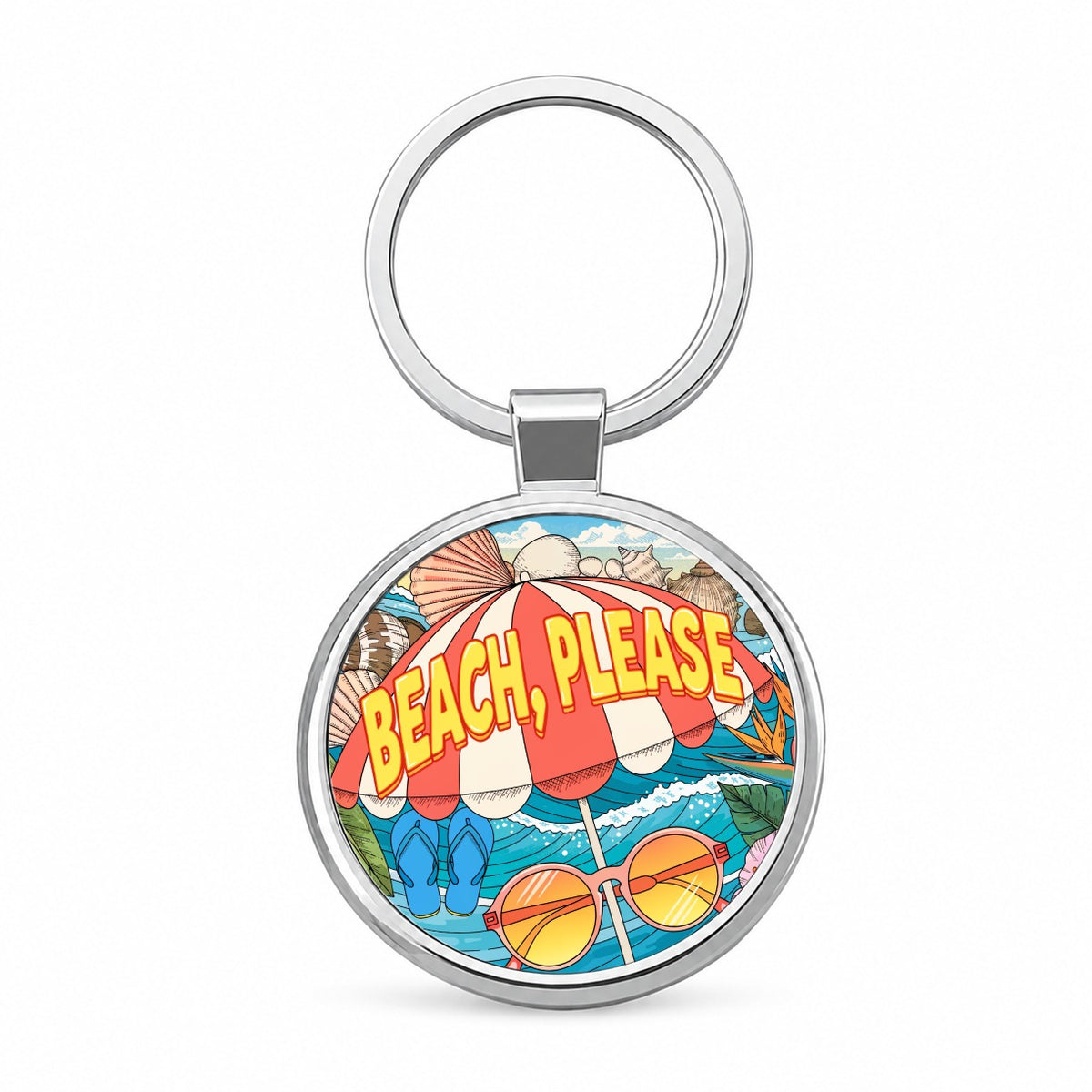 Beach Please Umbrella Funny Round Metal Keychain