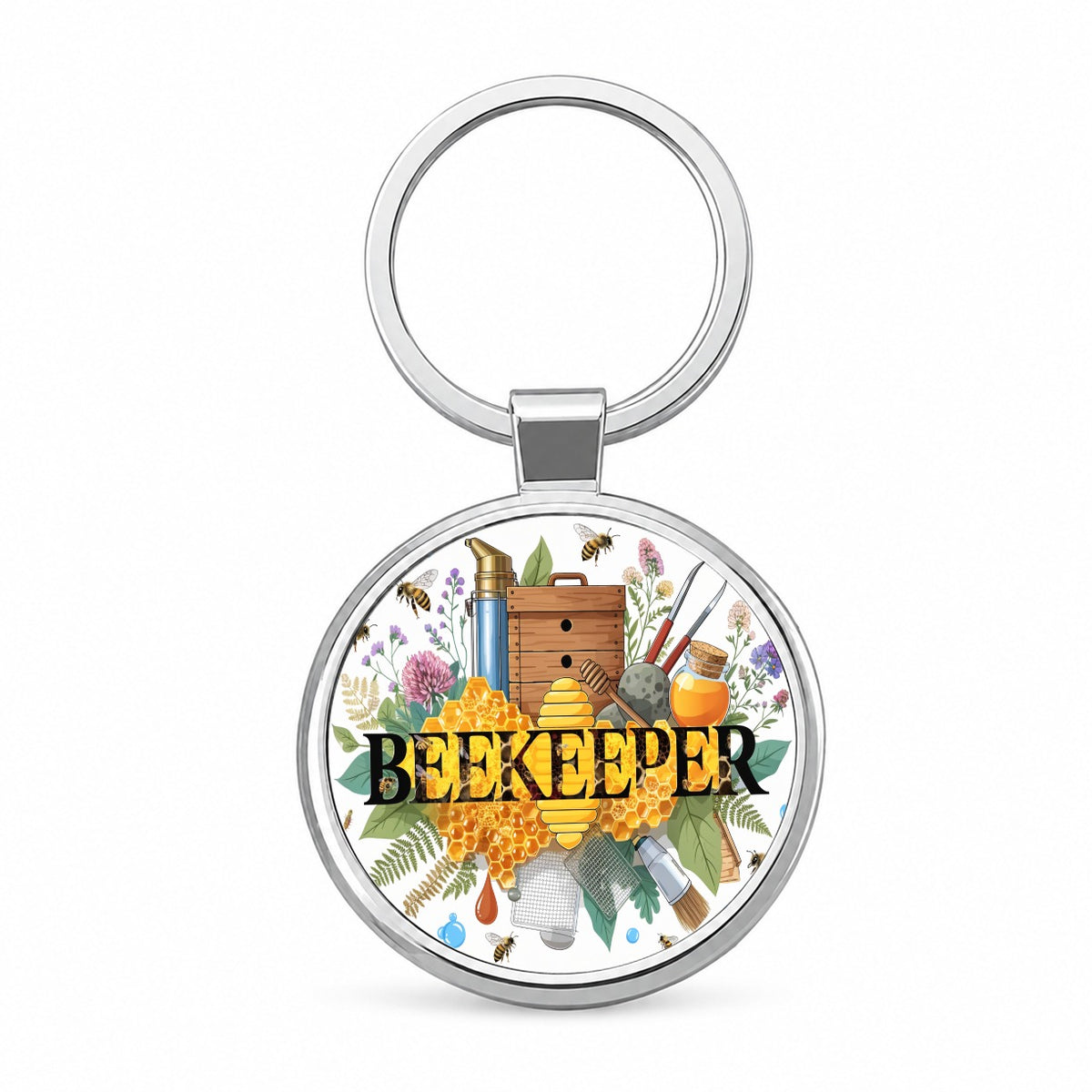 Beekeeper Round Metal Keychain